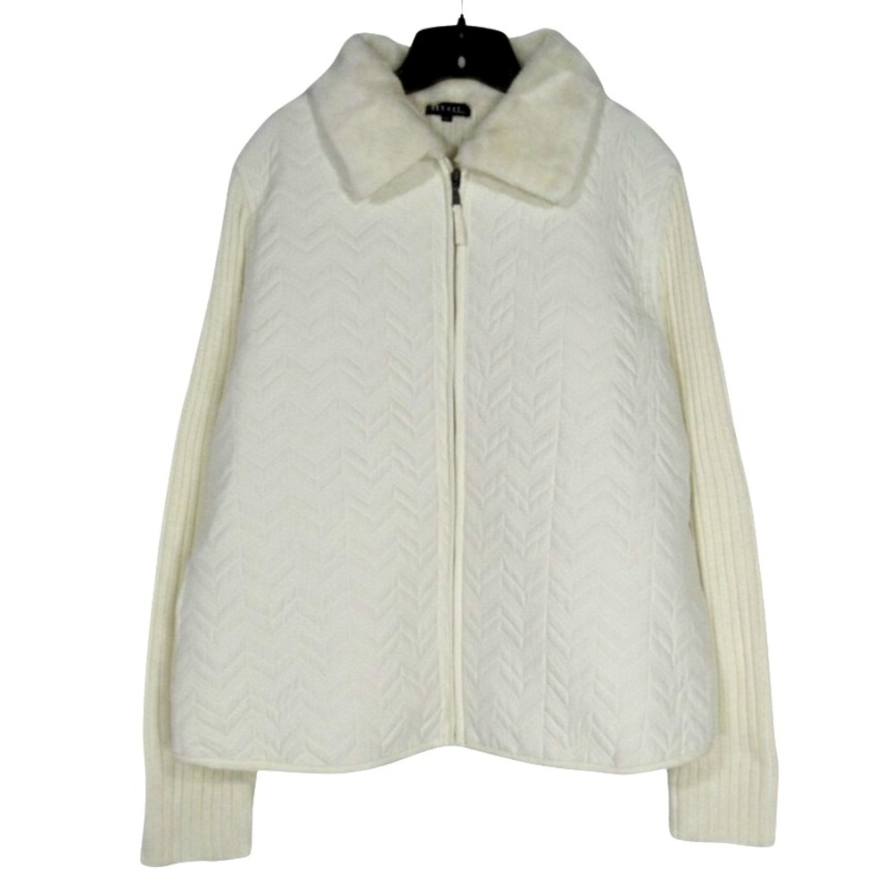 EFFECI Ivory QUILTED FRONT Ridded Knit Back FAUX FUR COLLAR Sweater Jacket Sz 2X